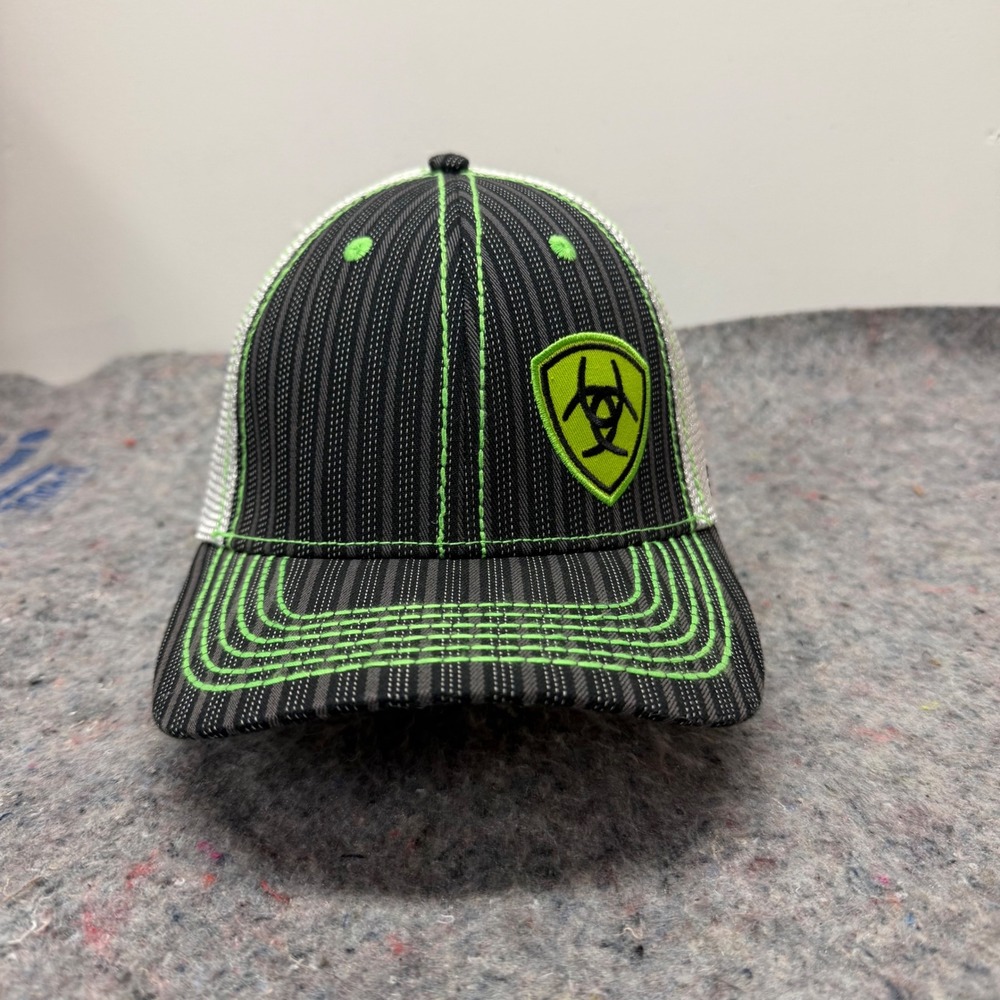Ariat Trucker Hat Mens OSFM Black Green Pinstripe Mesh Snapback Cap Logo Western